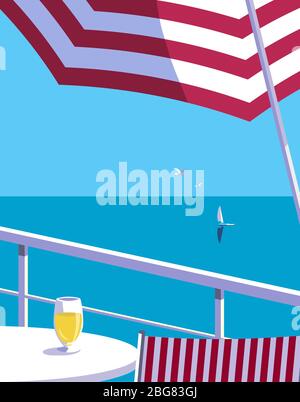 Sommer Meer flach Farbvektor. Poster mit Blick auf den blauen Ozean. Handgezeichneter Pop Art Retro-Stil. Urlaub Urlaub Saison Meer Reisen Freizeit. Stock Vektor