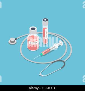 Flacher 3d isometrischer COVID-19 oder Coronavirus in Vakuumröhrchen-Impfstoff mit Stethoskop und Spritze. Covid-19 oder Coronavirus-Impfstoff-Konzept. Stock Vektor