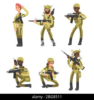 Internationale Soldaten der Armee. Militärische Mann und Frau Cartoon-Figuren auf weißem Hintergrund isoliert. Vektorgrafik Stock Vektor