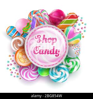 Candy Shop Hintergrund mit süßen realistischen Süßigkeiten, Süßigkeiten, Karamell, Regenbogen Lutscher und Zuckerwatte. Vektorgrafik. Snack Bonbon bunt, s Stock Vektor