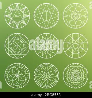 Weiße esoterische geometrische Pentagramme. Spirituelle heilige mystische Vektor-Symbole auf verblurten Hintergrund Illustration Stock Vektor