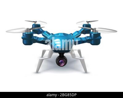 Realistische unbemannte Drohne mit Aufnahmekamera. Copter mit Fernbedienung 3d-Vektor-Illustration. Fernantenne mit Propeller Stock Vektor