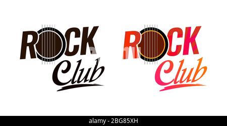 Rock Club Emblem isoliert auf weißem Hintergrund mit Gitarre Illustration und Stil-Schriftzug Stock Vektor