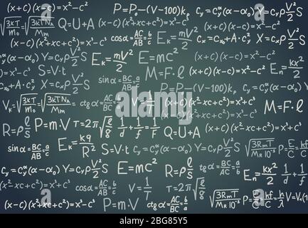 Schwarzes Brett mit wissenschaftlicher Formel. Algebra, Mathematik und Physik Funktionen auf Tafel. Schule Bildung Vektor Hintergrund. Abbildung von für Stock Vektor