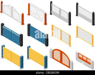 Isometrische Zäune. Holzzaun, Gartengeländer. Isolierter 3d-Vektorsatz. Geländer Zaun Grenze, Architektur Außenwand Schutz Illustration Stock Vektor