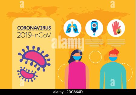 Covid19 pandemische Infografiken mit Paar mit Gesichtsmasken Stock Vektor