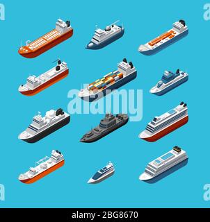 Isometrische 3d Militär- und Passagierschiffe, Boot und Yacht Vektor See Transport und Schifffahrt Symbole isoliert. Transport Wasser Reise, Schiff und Stock Vektor