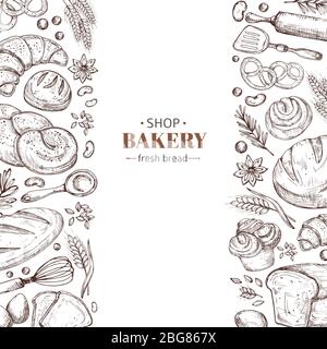 Bäckerei Vektor Retro Hintergrund mit Hand gezeichnet Doodle Brot. Illustration Bäckerei und Brotladen, Vintage-Zeichenplakat Stock Vektor