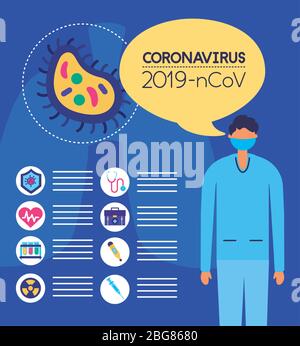 Covid19 pandemische Infografiken mit dem Menschen mit Gesichtsmaske Stock Vektor