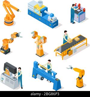 Industrieroboter. Isometrische Maschinen, Montageleimen und Roboterarme mit Arbeitern. 3d-Fertigungstechnologien Vektorsatz. Roboter mechanische Automatisierung, Maschinenproduktion Abbildung Stock Vektor
