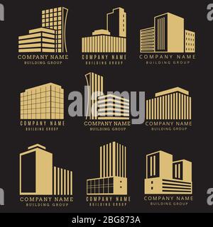 Bau-Logo, Immobilien Embleme Vektor-Sammlung mit goldenen Gebäuden. Bau Business Building Logo der Sammlung Illustration Stock Vektor