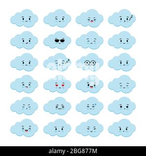 Wolken Emoji-Symbole Vektor-Set isoliert auf weißem Hintergrund. Sammlung von kawaii niedlich, süß und lustig Emoticons junge Wolke Zeichen. Cartoon flache Stil d Stock Vektor