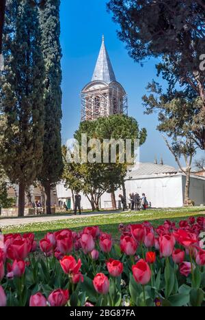 Istanbul, Türkei, 12. April 2007: Topkapi-Palast, 2. Innenhof, Justizturm, Tulpen Stockfoto