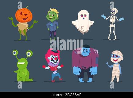 Halloween-Figuren. Niedliche Monster und Kinder verkleiden sich in halloween-Kostümen. Vector isoliert Set böse Kürbis, Horror Mama und Geist Illustration Stock Vektor