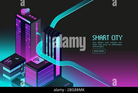 Schickes Gebäude. Intelligente Häuser in der Nacht Stadt. Augmented Reality 3d isometrisches abstraktes futuristisches Vektorkonzept. Illustration des Gebäudes Stadthaus, Bezirk Perspektive futuristisch Stock Vektor