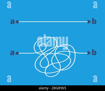Einfache und komplizierte Pfade. Einfacher und schwieriger Weg von A nach B.. Auswahl und Erfolg Lösung im Business Vektor Konzept. Abbildung der SIM-Lösung Stock Vektor