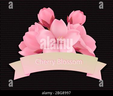 Blühende Sakura Blüten. Für Blumeneinladung, Grußkarte, Banner, Broschüre, Schablonengestaltung. Vektor isoliert auf schwarzem Hintergrund. Schwarz und rosa Hintergrund Polka Punkt. Farbband Banner.EPS10 Stock Vektor