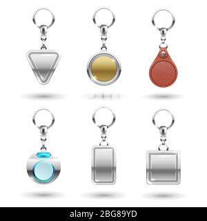 Realistische Vektor Silber, Gold, Leder Schlüsselanhänger in verschiedenen Formen isoliert auf transparentem Hintergrund. Schlüsselanhänger metallic Souvenir, Schmuckkästchen Schlüsselanhänger Stock Vektor