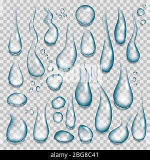Realistischer Wassertropfen. Transparente reine Tropfen, Tränen Spritzer und Klarheit Tröpfchen 3d-Vektor-Set Stock Vektor