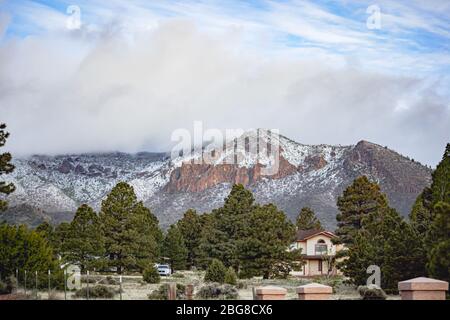 Schneebedeckte Berge in Flagstaff, AZ Stockfoto