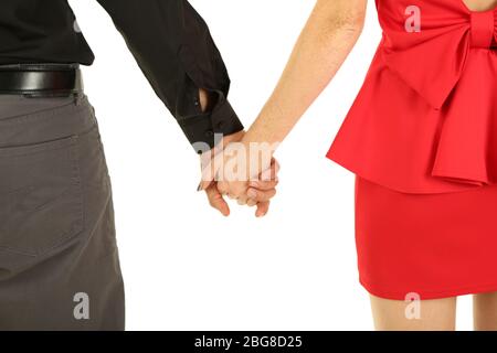 Junges Paar Hände halten isoliert auf weißem Stockfoto
