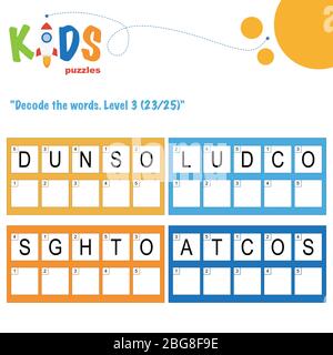 Dekodieren Sie die 5-Buchstaben-Wörter. Arbeitsblattübung für Kinder im Vorschulalter, in der Grundschule und in der Mittelstufe. Spaß Logik Puzzle Aktivität Blatt. Stock Vektor