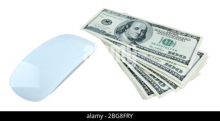 Computer-Maus und Dollar isoliert auf weiß Stockfoto