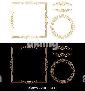 Luxuriöse goldene Rahmen-Kollektion, Border Ornament, Einladung Rand und Textrahmen, auf weißem und schwarzem Hintergrund. Stock Vektor