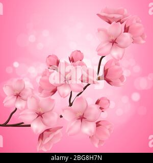 Realistische Sakura. Schöne Kirschblüten Zweige mit rosa Blüten. Romantische orientalische Blumen Kirschblüte Dekoration Vektor Illustration für eps10. Verschwommener abstrakter Hintergrund in sanften Pastellfarben. Stock Vektor