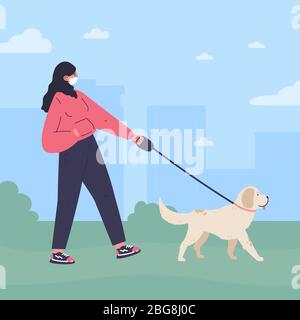 Woman in white mask walking a dog Stock Vektor