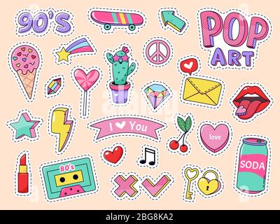 Mode Pop Art Patch Aufkleber. Mädchen Cartoon niedlichen Abzeichen, Doodle Teenager-Patches mit Lippenstift, niedliche Lebensmittel und 90er-Elemente, Retro-Aufkleber Pack Vektor Stock Vektor