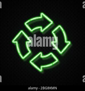 3d grüne Farbe Neon 4 in Kreis Pfeil auf dunklen transparenten Hintergrund. Null Abfall Wiederverwendung Recycling-Symbol für Banner. Recycling-Symbol für leuchtendes Licht Aktualisieren Stock Vektor