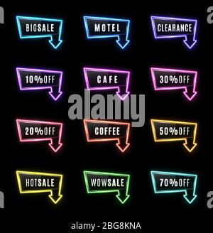 Big Sale, Motel, Hot Sale, Clearance, Cafe, Coffee, Wow 10 20 30 50 70 Prozent Rabatt Neon Licht Pfeil Farbschilder auf schwarzem Hintergrund glühenden Rohr f Stock Vektor