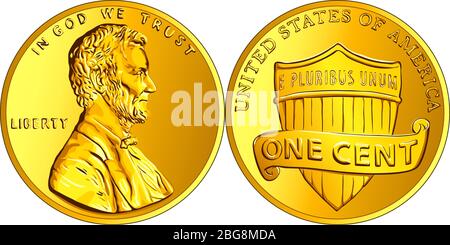 Amerikanisches Geld Lincoln Union Shield, USA ein Cent oder Penny, Münze mit Präsident Abraham Lincoln auf der Vorderseite und Union Schild auf der Rückseite Stock Vektor