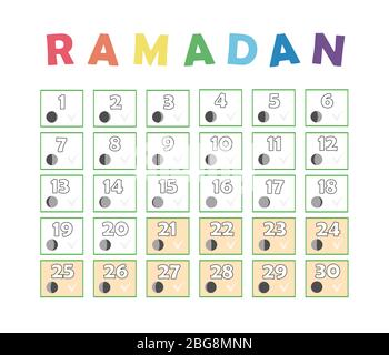 Ramadan Kinder Kalender. Fasten Tick Kalender, Mondzyklus Phasen, Neumond. 30 Tage des Ramadan islamischen heiligen Monats. Vektorgrafik Illustration Stock Vektor