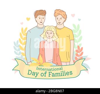 Internationaler Tag der Familien mit Blumenkranz. Zwei Väter und Tochter. Poster für den Internationalen Familientag Cartoon-Stil. Familienporträt, glückliche Menschen. Vektorgrafik Stock Vektor