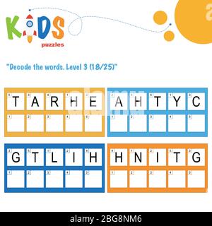 Dekodieren Sie die 5-Buchstaben-Wörter. Arbeitsblattübung für Kinder im Vorschulalter, in der Grundschule und in der Mittelstufe. Spaß Logik Puzzle Aktivität Blatt. Stock Vektor