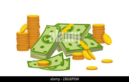 Geld Zusammensetzung Stapel Münze Stapel flach Cartoon. Goldmünzen Haufen, Bank Währung Zeichen fallen. Hunderte Dollar Bargeld-Paket, Green Bill. Gepackte Banknoten, verschiedene Rechnungen fliegen. Vektorgrafik Stock Vektor
