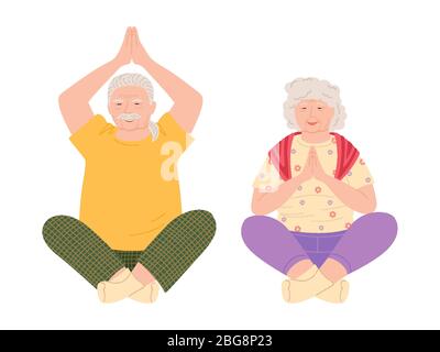 Alte Männer und Frauen tun Yoga-Karikatur. Gesunde aktive Lebensweise Ältere Menschen. Sommer Aktivitäten, Übungen. Ein paar Senioren machen Sport. Ältere Menschen machen Morgenübungen. Vektorgrafik. Stock Vektor