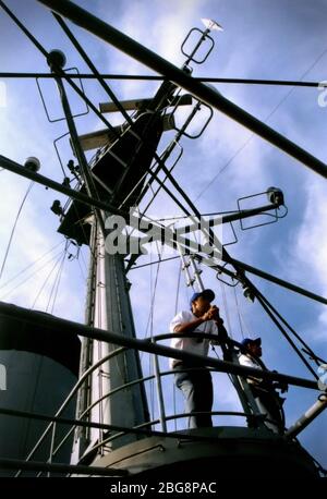 Schüler an Bord der KRI (Indonesian Navy Ship) Arun, früher bekannt als RFA Green Rover, während eines Lehrsegels im Jahr 1999. Stockfoto