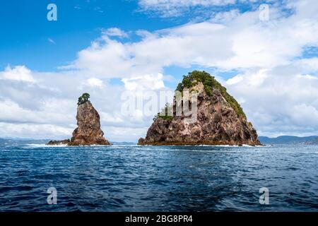 Felsvorsprung in der Nähe von Cathedral Cove, Hahei, Coromandel Peninsula, North Island, Neuseeland Stockfoto