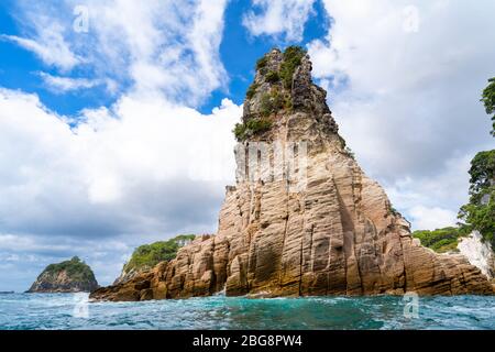 Felsvorsprung in der Nähe von Cathedral Cove, Hahei, Coromandel Peninsula, North Island, Neuseeland Stockfoto