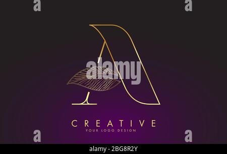 Outline Golden Letter EIN Logo-Symbol mit Wired Leaf Concept Design. Buchstabe A mit Naturkonzept. Öko und Organic Letter Vektor Illustration. Stock Vektor