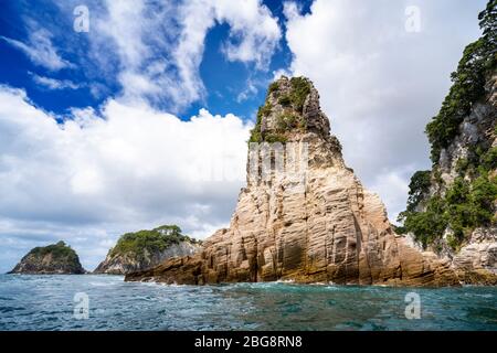 Felsvorsprung in der Nähe von Cathedral Cove, Hahei, Coromandel Peninsula, North Island, Neuseeland Stockfoto