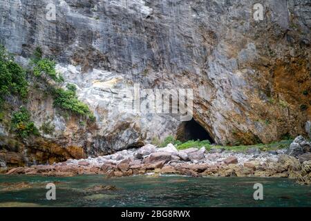 Sea Cave in schroffen Klippen in der Nähe von Cathedral Cove, Hahei, Coromandel Peninsula, North Island, Neuseeland Stockfoto