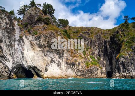 Sea Cave in schroffen Klippen in der Nähe von Cathedral Cove, Hahei, Coromandel Peninsula, North Island, Neuseeland Stockfoto