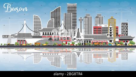 Busan Südkorea City Skyline mit farbigen Gebäuden, blauem Himmel und Reflections. Vektorgrafik. Stock Vektor