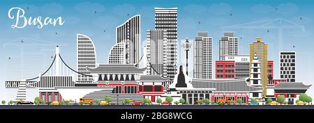 Busan Südkorea City Skyline mit farbigen Gebäuden und blauem Himmel. Vektorgrafik. Stock Vektor
