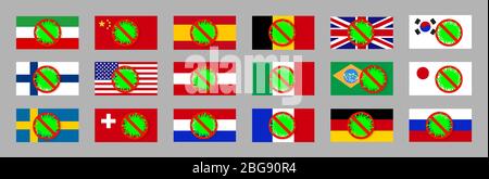 Satz von Flags. Virus-Molekül, zusammen stoppen Pandemie. Coronavirus Covid 19, Karikatur International. Save Health Konzept Stoppen Sie die Pandemie. Vektor-Illustration, nationale Einheit Coronavirus Prävention Konzept Stock Vektor
