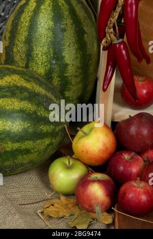 Reife Äpfel und Wassermelone auf Sacktuch aus nächster Nähe Stockfoto